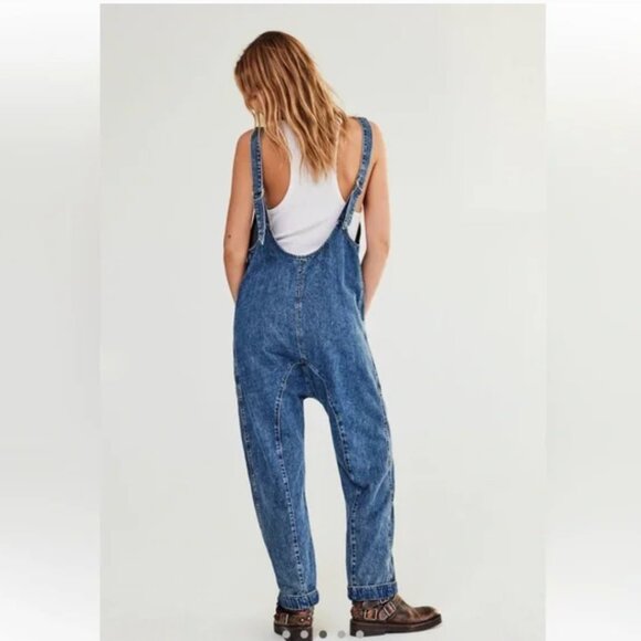 FP We the Free High Roller Baggy Denim Overalls Size S Oversized Boho Pockets - Picture 13 of 14